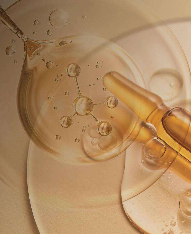 Glass of liquid with molecules in the background